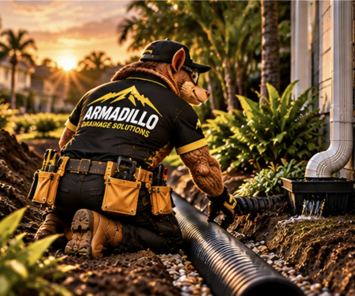 Crew member laying drain pipe
