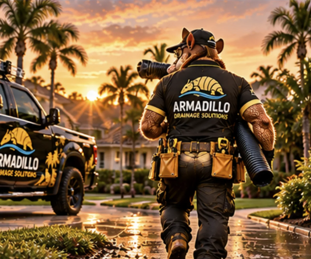 Armadillo crew member carrying drain pipe to the service truck